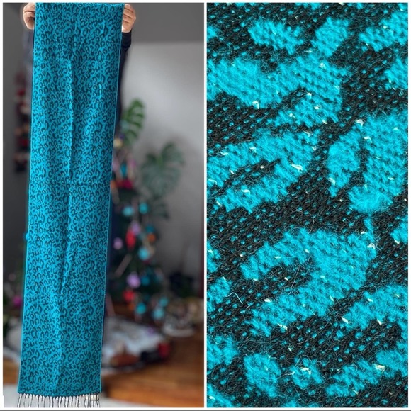 Cejon Accessories - NEW Cejon Leopard Print Scarf Metallic Knit Fringed Teal Blue Black Silver